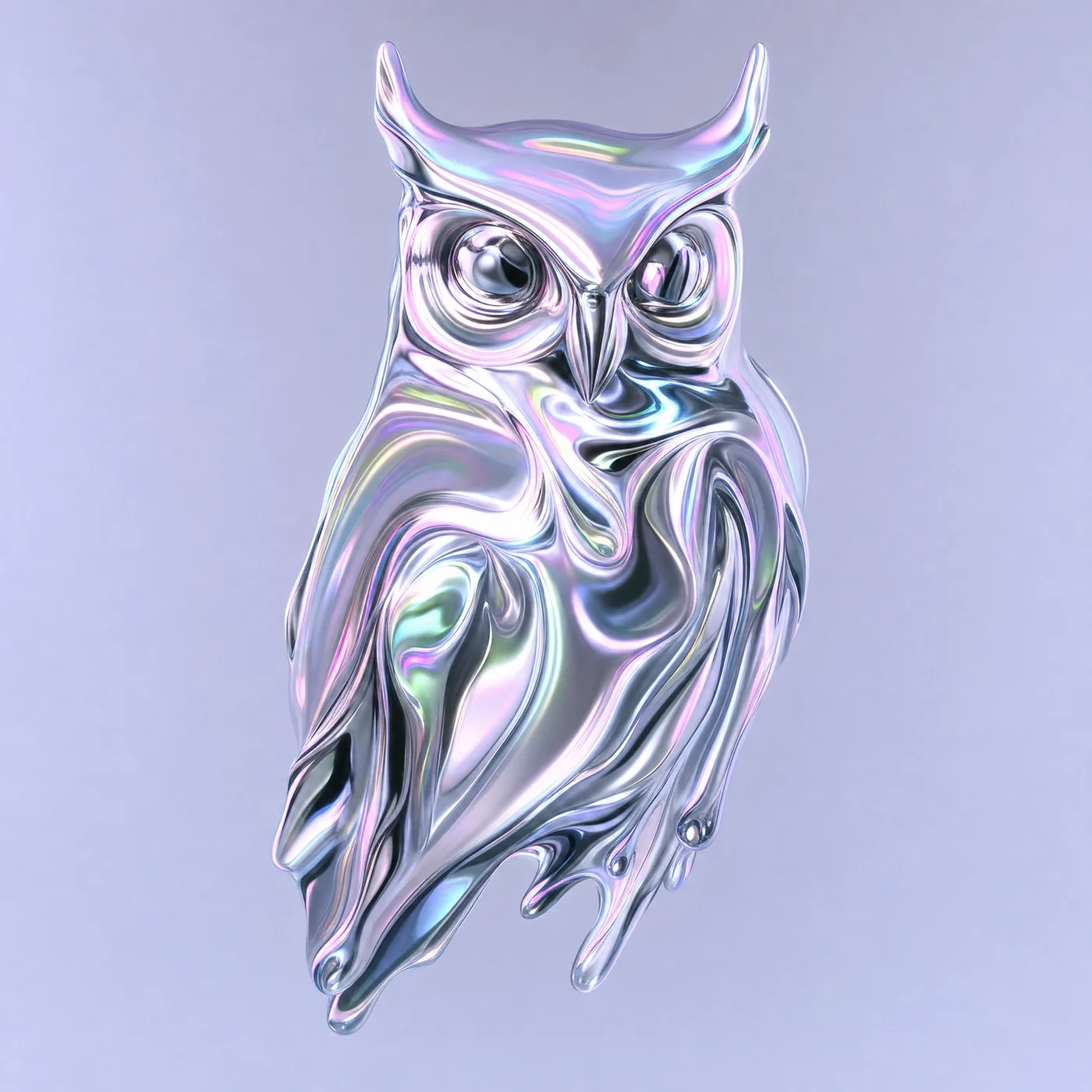 The generated liquid chrome owl still: a mirror-polished mercury owl with cyan, pink and lime iridescence on a pale lavender studio background